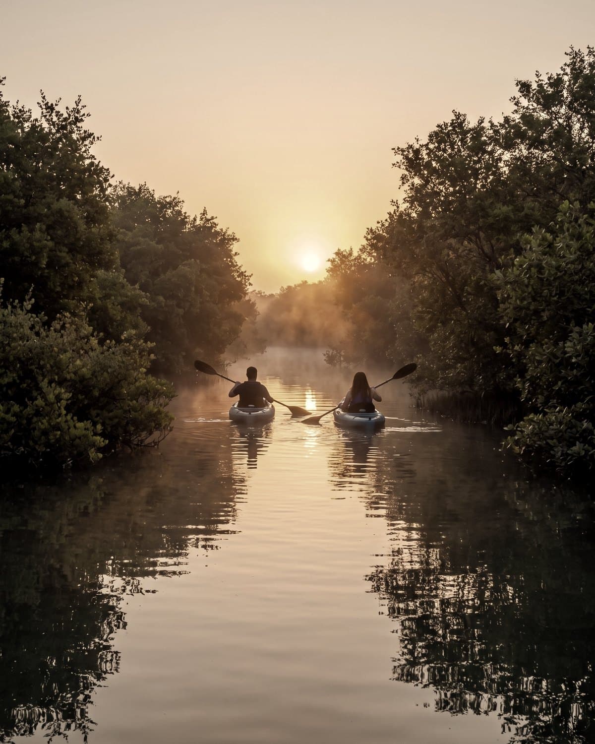 Symbolbild: stilles Wasser zwischen Bäumen im Sonnenaufgang