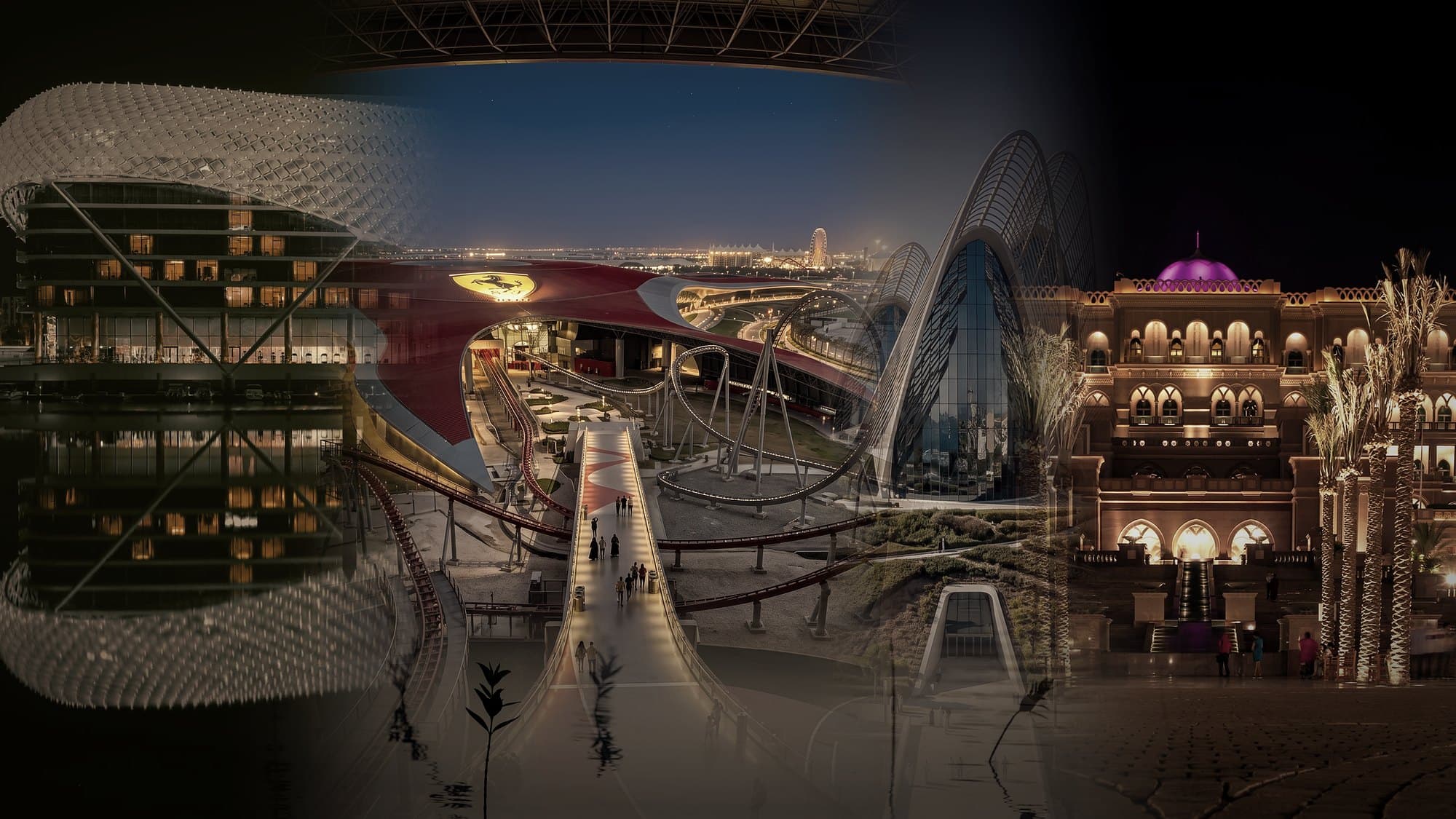 Abu Dhabi bei Nacht als Montage: ein beleuchtetes Hotel am Wasser, ein rotes geschwungenes Dach mit Achterbahn, ein Museum mit flügelartigen Türmen und ein Palast, darunter stilles Wasser