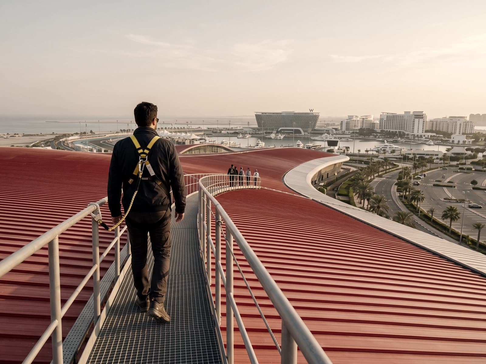 Symbolbild: ein Mann im Klettergurt auf dem Steg über das rote Dach von Ferrari World, dahinter Yas Island und das Meer