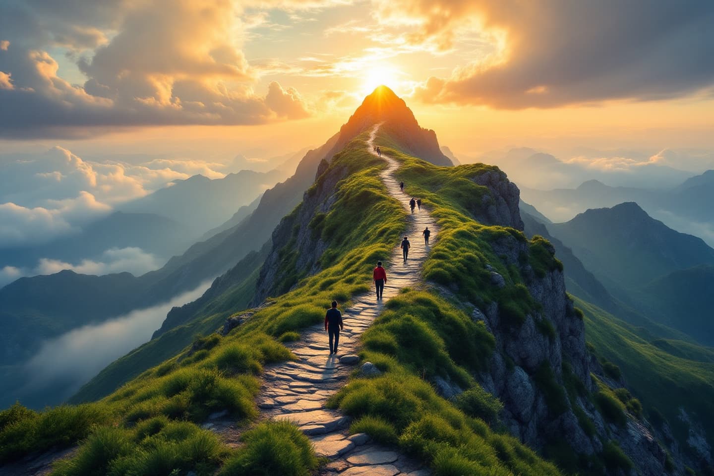 Wanderer auf einem Bergpfad, der bei Sonnenaufgang zum Gipfel führt