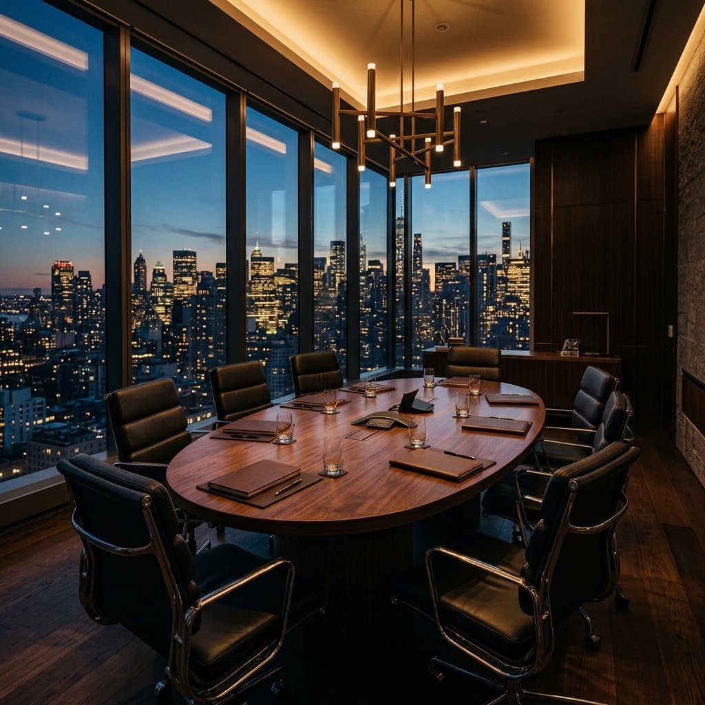 Privater Boardroom mit großem Konferenztisch und Blick auf die nächtliche Skyline