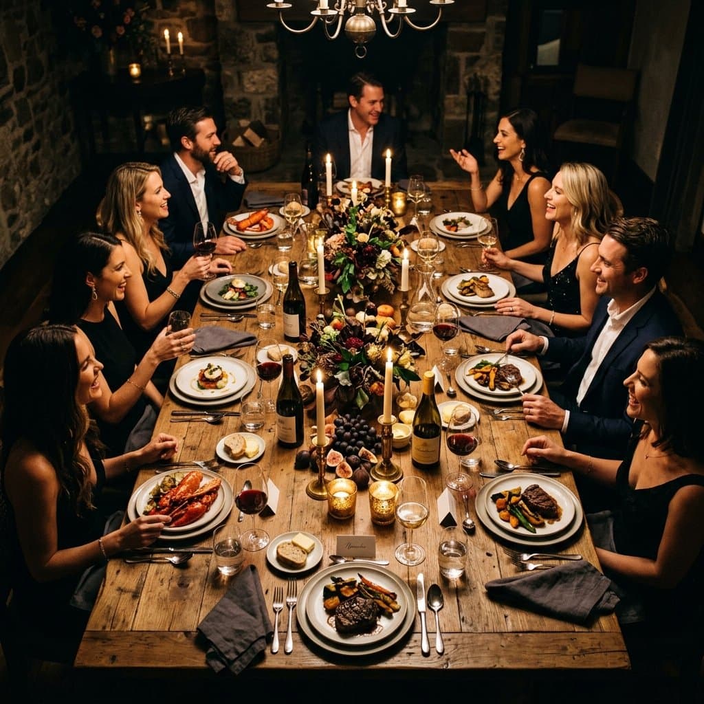 Private Dinnerrunde an einer langen, festlich gedeckten Tafel bei Kerzenlicht