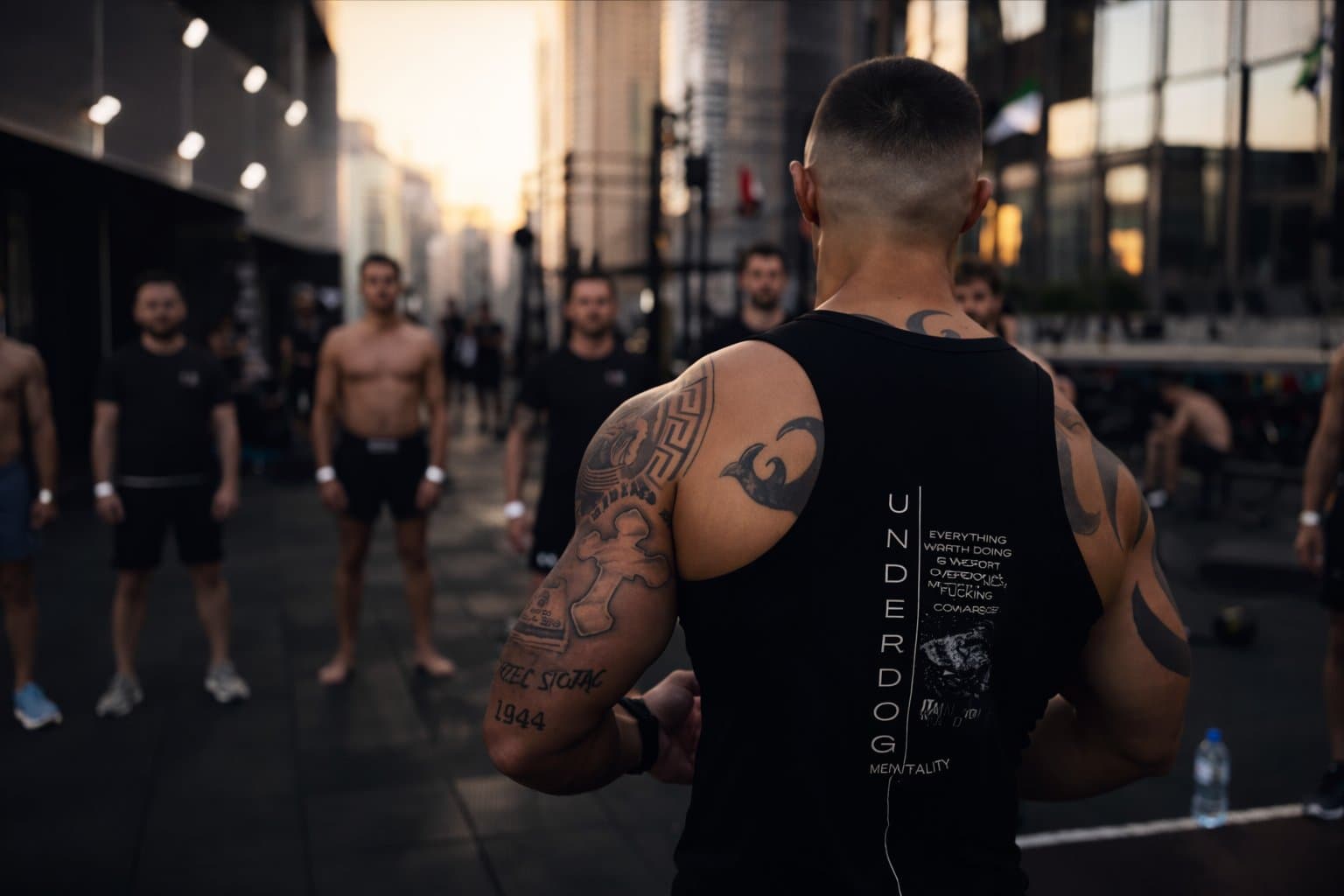 Coach im Underdog-Shirt leitet ein Training im Freien vor einer Gruppe von Männern