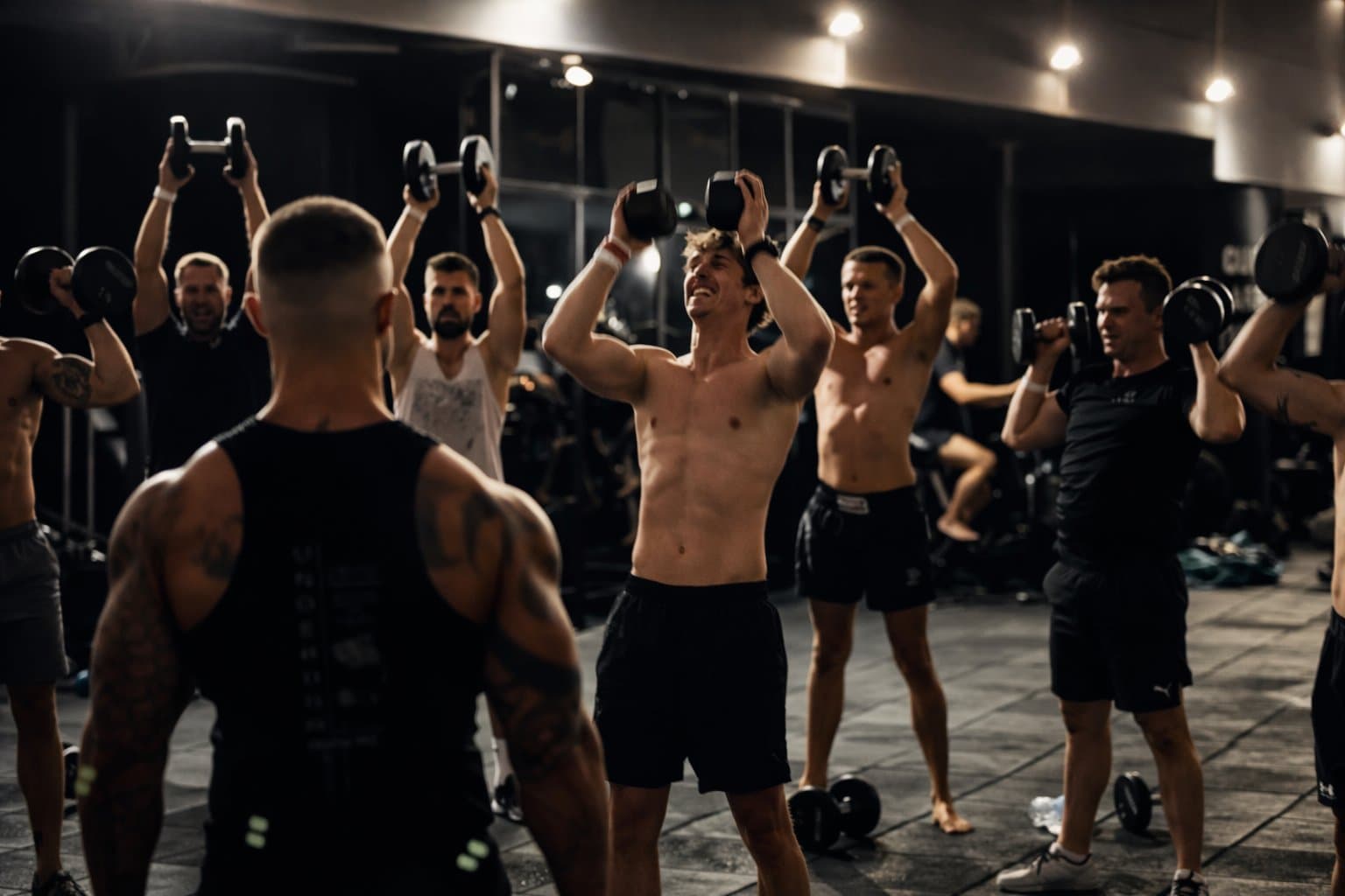 Gruppen-Workout: Männer stemmen Kurzhanteln über den Kopf