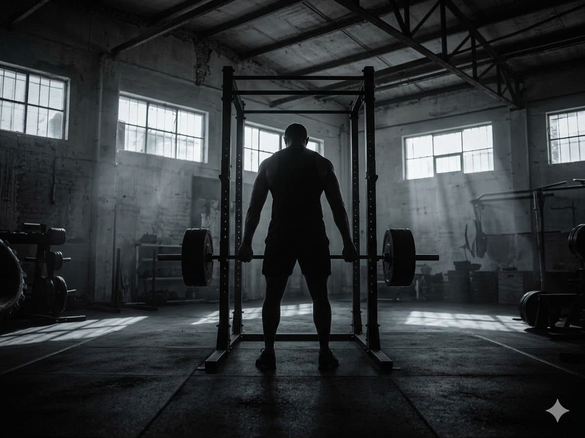 Silhouette eines Mannes vor einer Langhantel in einer dunklen Trainingshalle